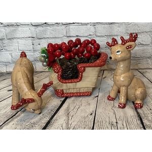 Vintage Kimple Brown/Red‎ Ceramic Reindeer And Sleigh With Holly And Polka Dots